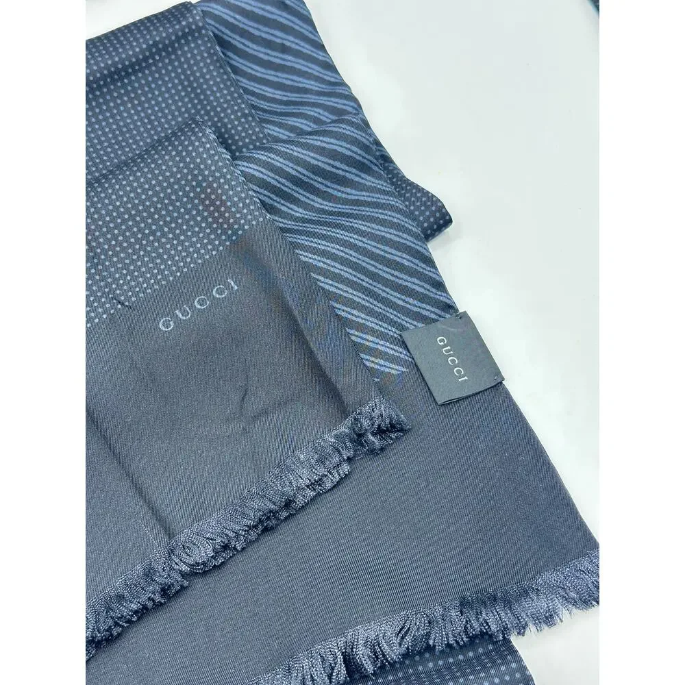 GUCCI Reversible Silk Ascot Skinny Scarf Navy Blue Made in Italy 52